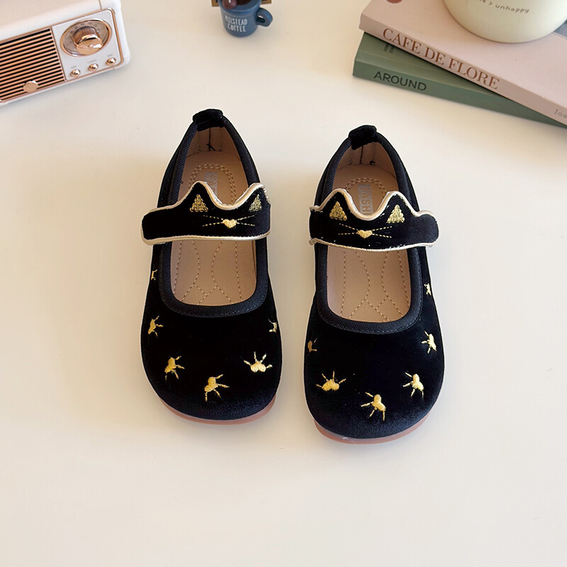 Meiteņu princeses apavi samta kaķu izšuvumi Jauki bērniem plakani apavi Vīns sarkans melns elastīgs apaļš purngals Pavasara bērnu apavi 23-34