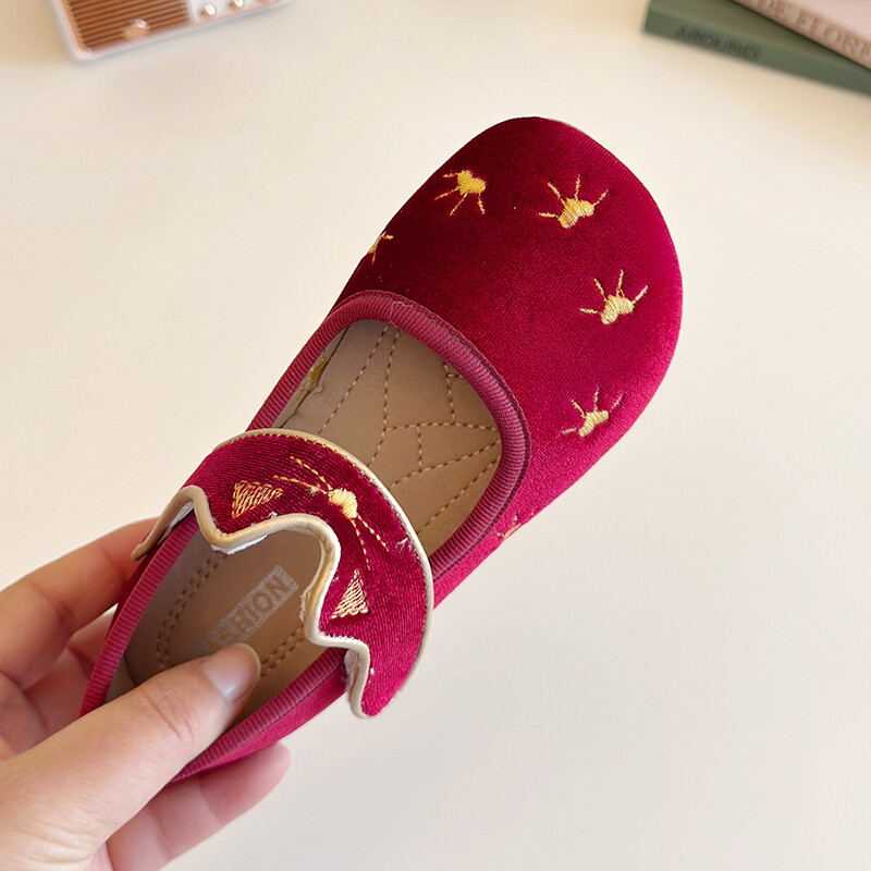 Meiteņu princeses apavi samta kaķu izšuvumi Jauki bērniem plakani apavi Vīns sarkans melns elastīgs apaļš purngals Pavasara bērnu apavi 23-34
