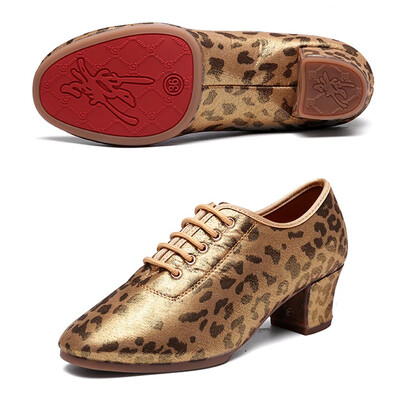 Salsa Jazz Šokių Batai Moterims Mergaitėms Auksiniai leopardo rašto Latin Dance Batai Moterims Minkštais padais Suvarstomi 5cm Aukštakulniai