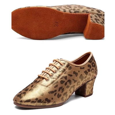 Salsa Jazz Šokių Batai Moterims Mergaitėms Auksiniai leopardo rašto Latin Dance Batai Moterims Minkštais padais Suvarstomi 5cm Aukštakulniai