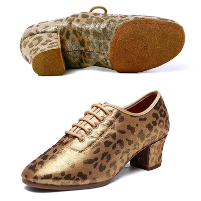 Salsa Jazz Šokių Batai Moterims Mergaitėms Auksiniai leopardo rašto Latin Dance Batai Moterims Minkštais padais Suvarstomi 5cm Aukštakulniai