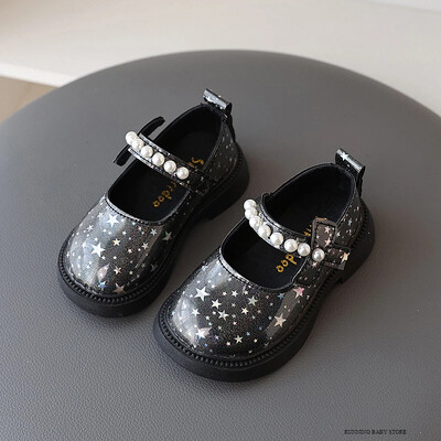 Bling All Over Stars Modes Ādas apavi bērniem Meitenes Pērļotas Melnas Rozā baltas Gumijas Bērnu Skolas Kleitas Kurpes Jaunas I01163