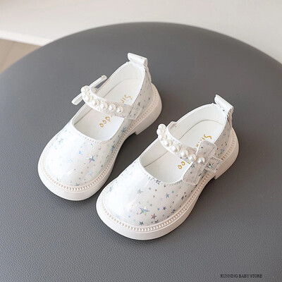 Bling All Over Stars Modes Ādas apavi bērniem Meitenes Pērļotas Melnas Rozā baltas Gumijas Bērnu Skolas Kleitas Kurpes Jaunas I01163