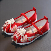 Ķīniešu sarkanais etniskais stils Hanfu meiteņu apavi Izšuvumi Pērļu apavi Tradicionālie bērnu auduma apavi Hanfu Ballet Flats izmērs 24-37