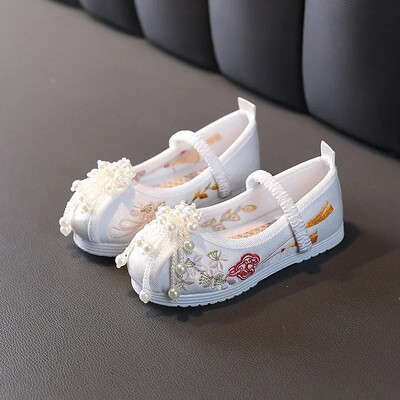 Ķīniešu sarkanais etniskais stils Hanfu meiteņu apavi Izšuvumi Pērļu apavi Tradicionālie bērnu auduma apavi Hanfu Ballet Flats izmērs 24-37