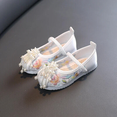 Ķīniešu sarkanais etniskais stils Hanfu meiteņu apavi Izšuvumi Pērļu apavi Tradicionālie bērnu auduma apavi Hanfu Ballet Flats izmērs 24-37