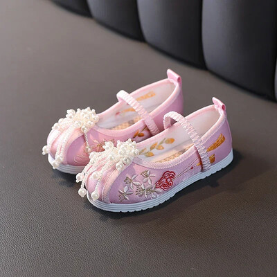 Ķīniešu sarkanais etniskais stils Hanfu meiteņu apavi Izšuvumi Pērļu apavi Tradicionālie bērnu auduma apavi Hanfu Ballet Flats izmērs 24-37