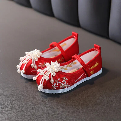 Ķīniešu sarkanais etniskais stils Hanfu meiteņu apavi Izšuvumi Pērļu apavi Tradicionālie bērnu auduma apavi Hanfu Ballet Flats izmērs 24-37