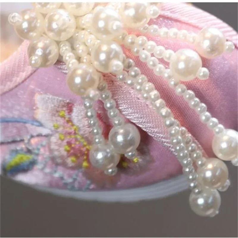 Kineski crveni etno stil Hanfu cipele za djevojčice Cipele s vezom od bisera Tradicionalne dječje platnene cipele Hanfu balerinke veličina 24-37