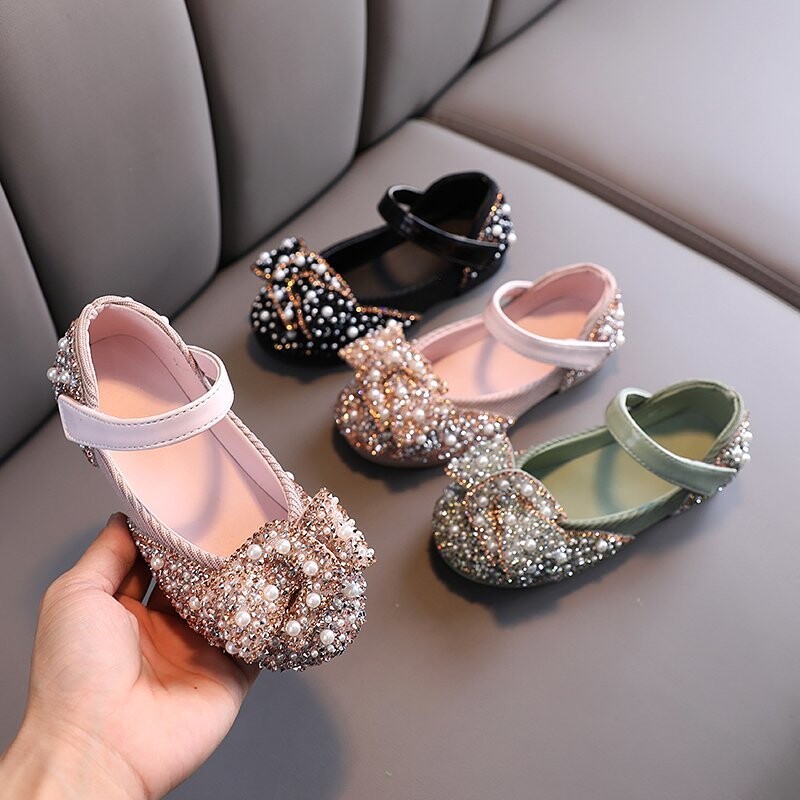 Princess Shoes for Girls Green Pink Party Wedding Luxurious Glitter 21-36 Kids Single Shoe Summer Spring Fashion Girl`s Flats