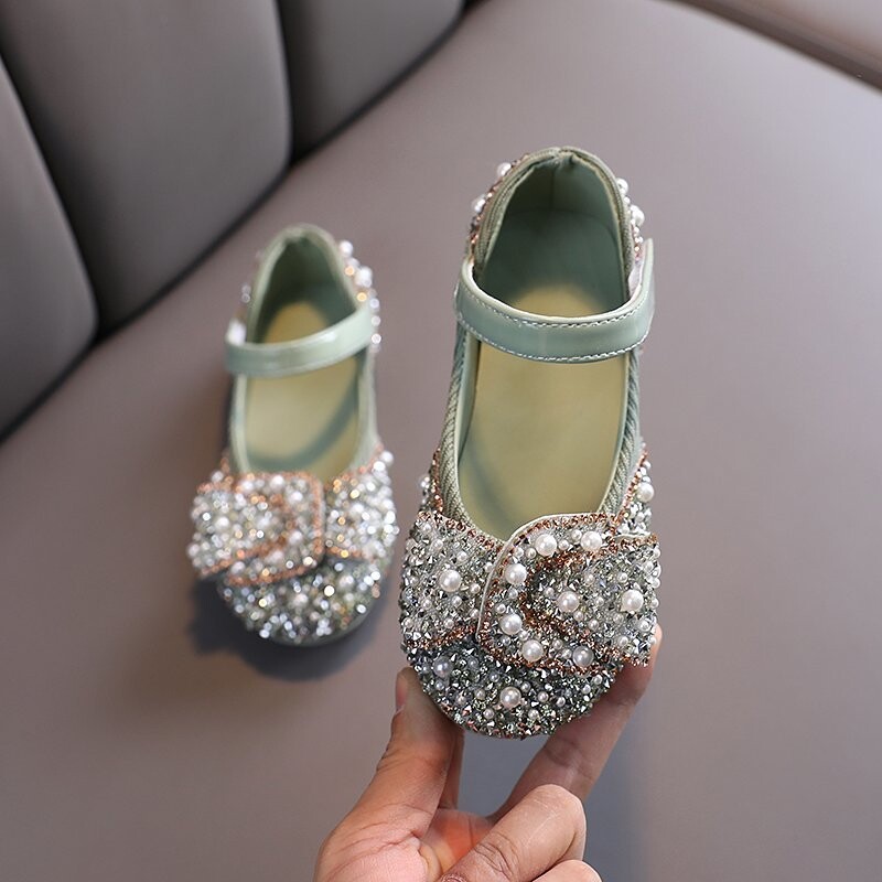 Princess Shoes for Girls Green Pink Party Wedding Luxurious Glitter 21-36 Kids Single Shoe Summer Spring Fashion Girl`s Flats