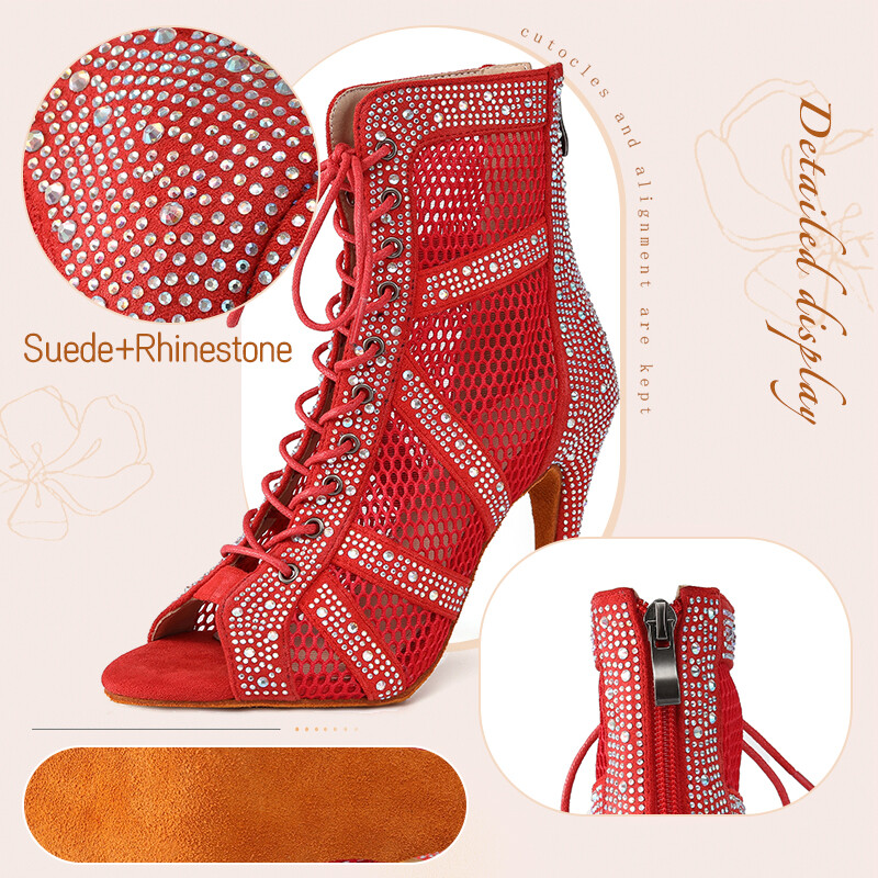 SWDZM Sieviešu deju zābaki Spīdīgi Latīņamerikas džeza deju apavi Pilnīgi Rhinestone Deju zābaki Pielāgojami papēži Sieviešu dāmu deju apavi