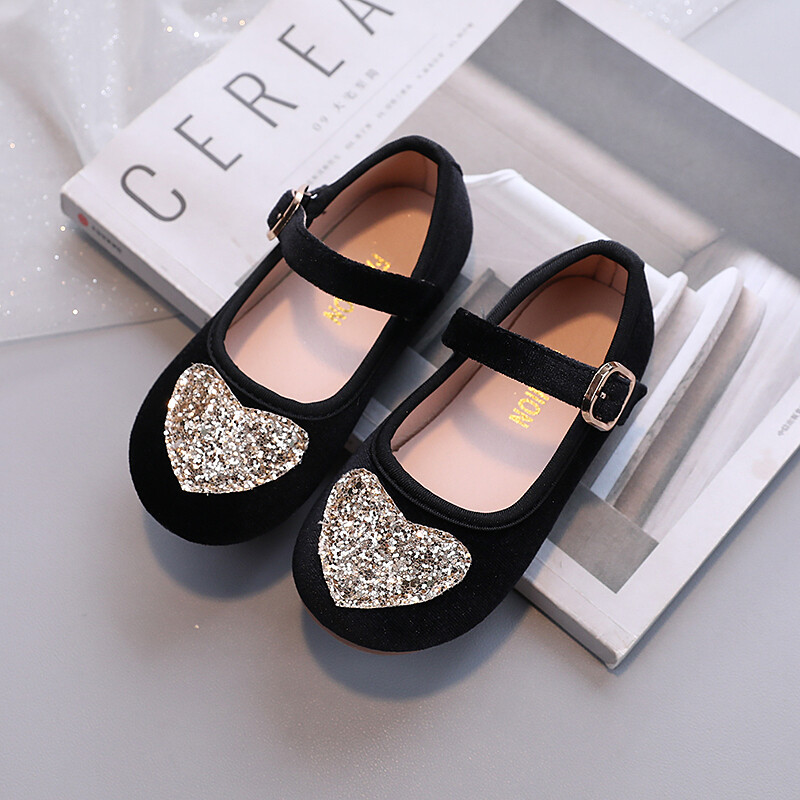Unishuni princese ballītes kleita kurpes meiteņu baleta deju apavi bērniem samtaina Mary Janes ar spīdīgu sirds dizainu melna rozā sarkana