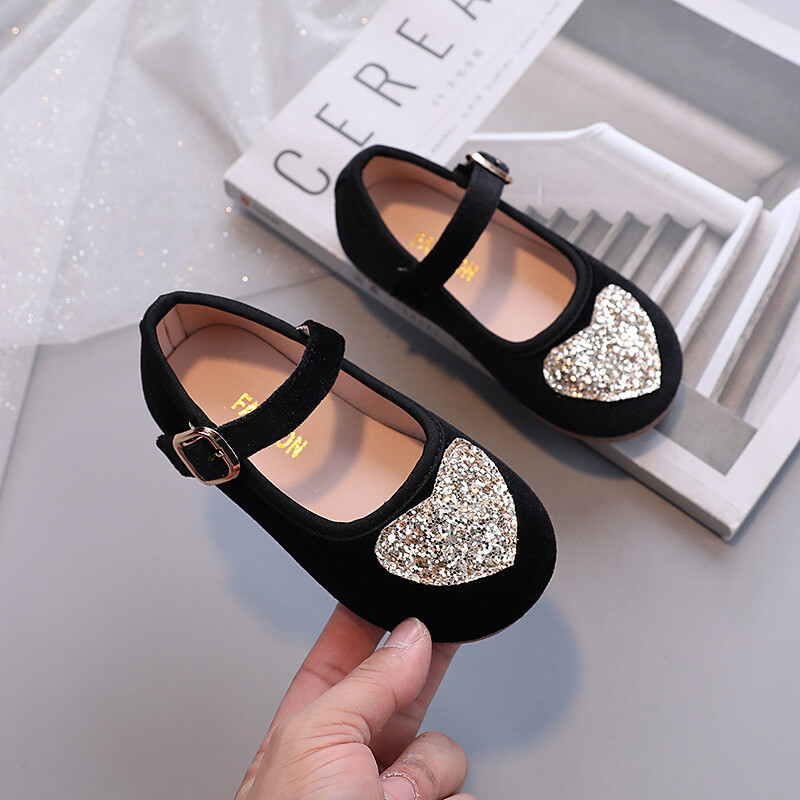 Unishuni princese ballītes kleita kurpes meiteņu baleta deju apavi bērniem samtaina Mary Janes ar spīdīgu sirds dizainu melna rozā sarkana