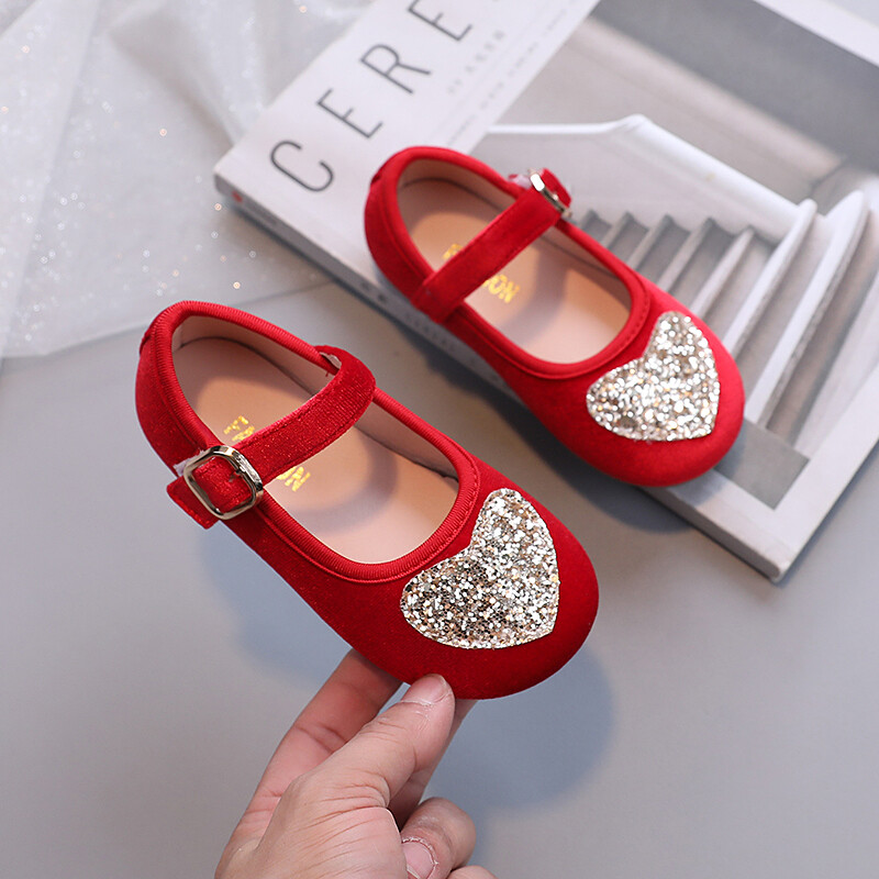 Unishuni princese ballītes kleita kurpes meiteņu baleta deju apavi bērniem samtaina Mary Janes ar spīdīgu sirds dizainu melna rozā sarkana