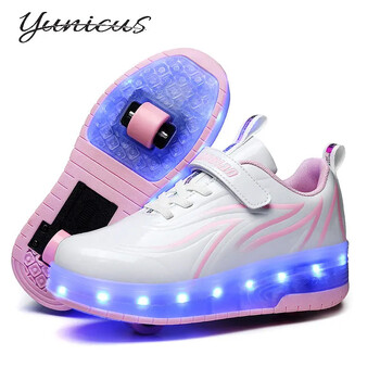 YUNICUS Led Light Boys Girls Shoe USB Charging Black Two Wheels Luminous Sneakers Ролкови скейт обувки за деца Детски Led обувки