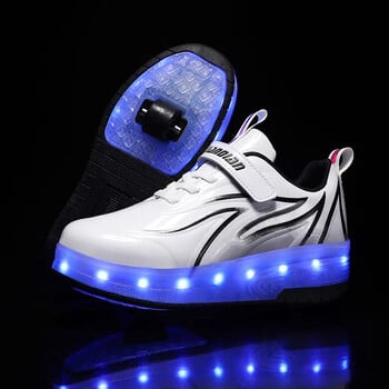 YUNICUS Led Light Boys Girls Shoe USB Charging Black Two Wheels Luminous Sneakers Ролкови скейт обувки за деца Детски Led обувки