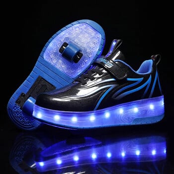 YUNICUS Led Light Boys Girls Shoe USB Charging Black Two Wheels Luminous Sneakers Ролкови скейт обувки за деца Детски Led обувки