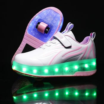 YUNICUS Led Light Boys Girls Shoe USB Charging Black Two Wheels Luminous Sneakers Ролкови скейт обувки за деца Детски Led обувки