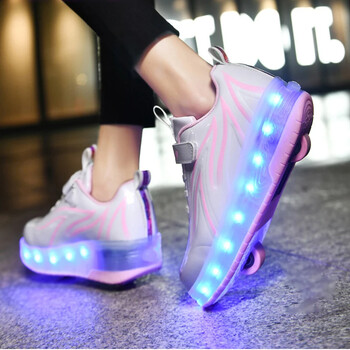 YUNICUS Led Light Boys Girls Shoe USB Charging Black Two Wheels Luminous Sneakers Ролкови скейт обувки за деца Детски Led обувки