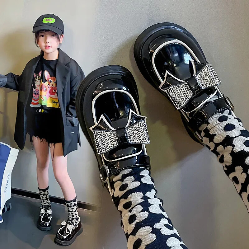 Παιδικά ίσια παπούτσια Performance 2024 Ολοκαίνουργια Princess παπούτσια με κρυστάλλινο φιόγκο για πάρτι, δερμάτινα παπούτσια βρετανικού στυλ Ευέλικτα