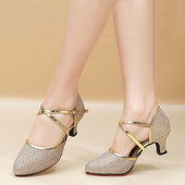 Νέα Golden Sliver Sequin Μοντέρνα Γυναικεία Παπούτσια Χορού Γυναικεία Παπούτσια Tango με κλειστά δάχτυλα βαλς Γόβες χορού εσωτερικού/εξωτερικού χώρου 3,5/5,5 εκ.