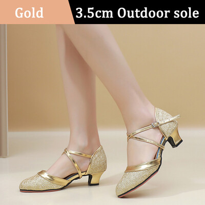 Νέα Golden Sliver Sequin Μοντέρνα Γυναικεία Παπούτσια Χορού Γυναικεία Παπούτσια Tango με κλειστά δάχτυλα βαλς Γόβες χορού εσωτερικού/εξωτερικού χώρου 3,5/5,5 εκ.