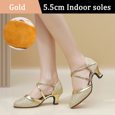 Νέα Golden Sliver Sequin Μοντέρνα Γυναικεία Παπούτσια Χορού Γυναικεία Παπούτσια Tango με κλειστά δάχτυλα βαλς Γόβες χορού εσωτερικού/εξωτερικού χώρου 3,5/5,5 εκ.