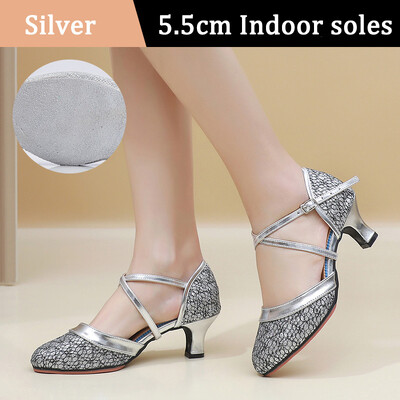 Νέα Golden Sliver Sequin Μοντέρνα Γυναικεία Παπούτσια Χορού Γυναικεία Παπούτσια Tango με κλειστά δάχτυλα βαλς Γόβες χορού εσωτερικού/εξωτερικού χώρου 3,5/5,5 εκ.