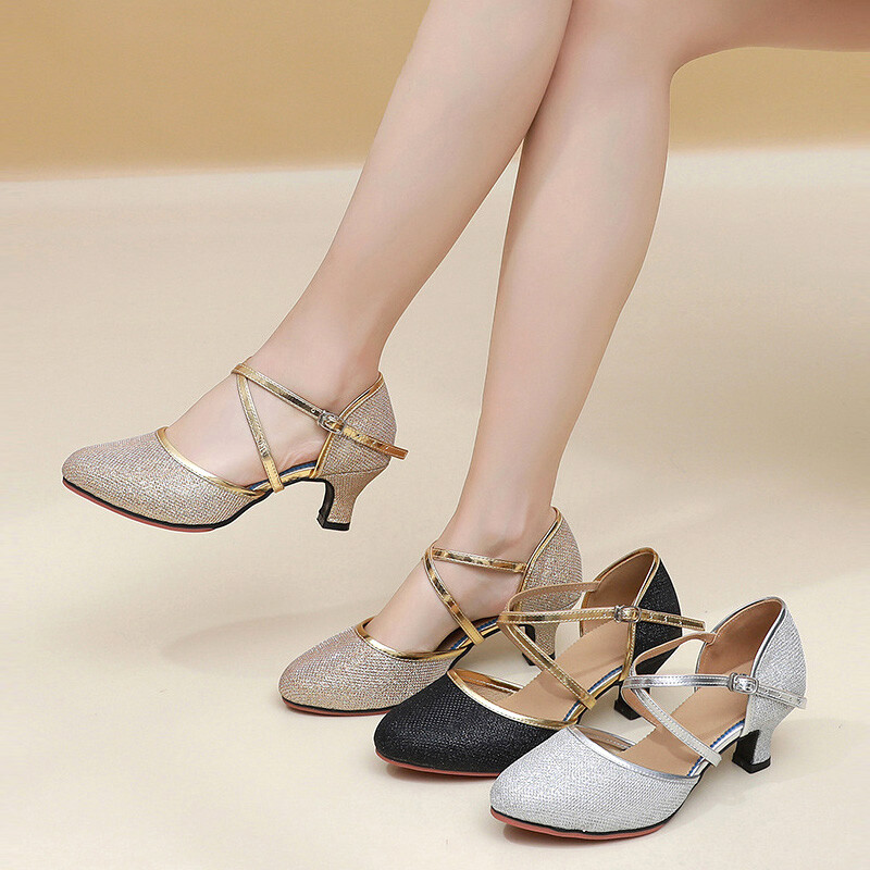 Νέα Golden Sliver Sequin Μοντέρνα Γυναικεία Παπούτσια Χορού Γυναικεία Παπούτσια Tango με κλειστά δάχτυλα βαλς Γόβες χορού εσωτερικού/εξωτερικού χώρου 3,5/5,5 εκ.