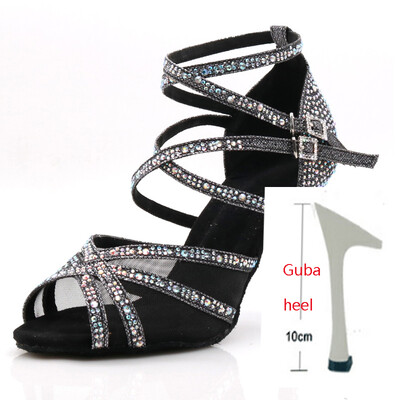 WUXIJIAO deju apavi Latīņamerikas sievietēm Salsa Zīda satīna deju apavi Glitter Rhinestone Profesionāli deju apavi balles zālei, mīksta apakšdaļa