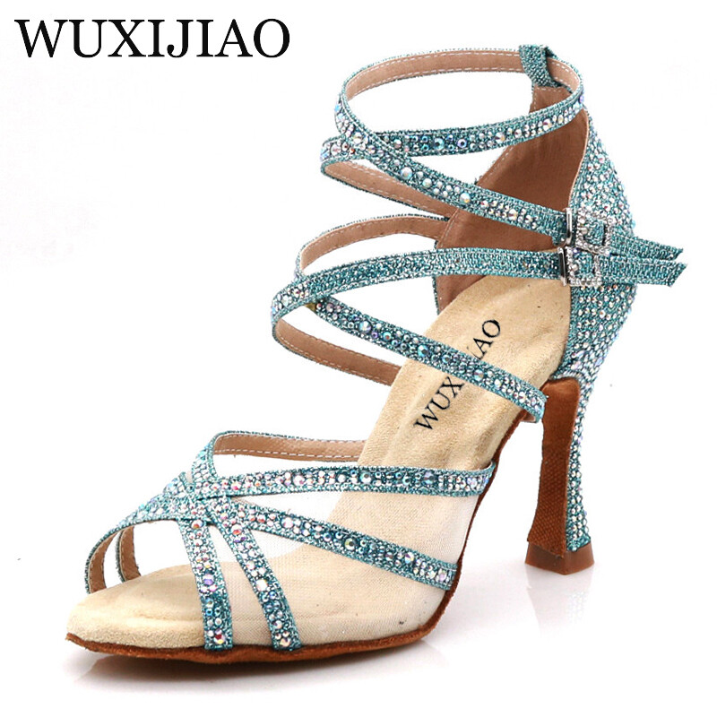 WUXIJIAO Παπούτσια χορού Latin Γυναικεία Salsa Silk Satin Παπούτσια χορού Glitter Rhinestone Επαγγελματικά παπούτσια χορού Αίθουσα χορού Μαλακό κάτω μέρος