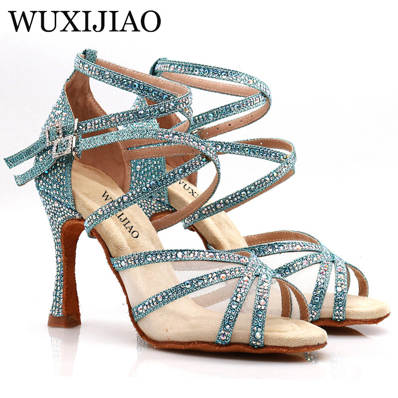 WUXIJIAO Παπούτσια χορού Latin Γυναικεία Salsa Silk Satin Παπούτσια χορού Glitter Rhinestone Επαγγελματικά παπούτσια χορού Αίθουσα χορού Μαλακό κάτω μέρος