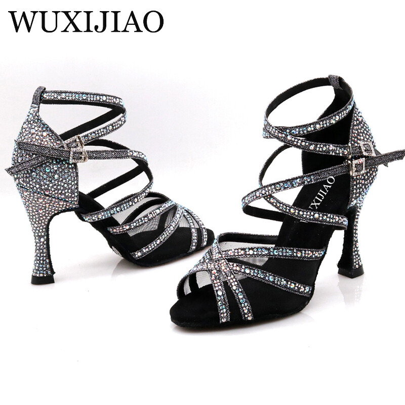 WUXIJIAO Παπούτσια χορού Latin Γυναικεία Salsa Silk Satin Παπούτσια χορού Glitter Rhinestone Επαγγελματικά παπούτσια χορού Αίθουσα χορού Μαλακό κάτω μέρος