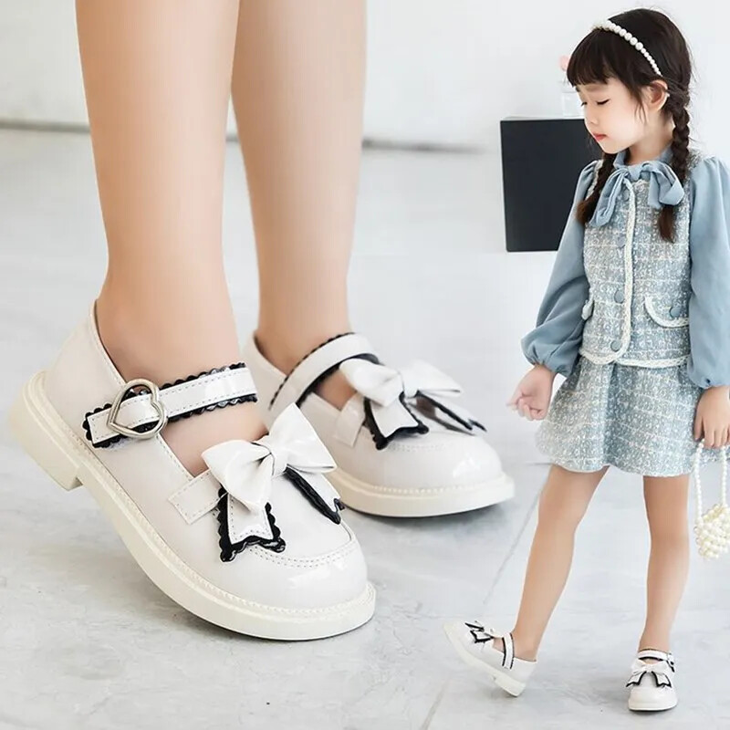 2024 Νέα δερμάτινα παπούτσια για κορίτσια για την άνοιξη παπιγιόν Παιδικό Princess Σχολικό παπούτσι Flat Heels Παιδικά Φορέματα Παπούτσια Μαύρο Μέγεθος 27-37
