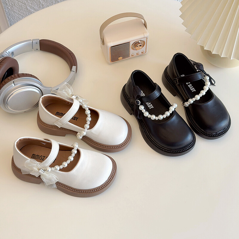 Kožne cipele za djevojčice Vrpca s bisernim lancem Jednobojna Elegantna dječja Mary Janes na kuku Prekrasna proljetna crna bež dječja cipela