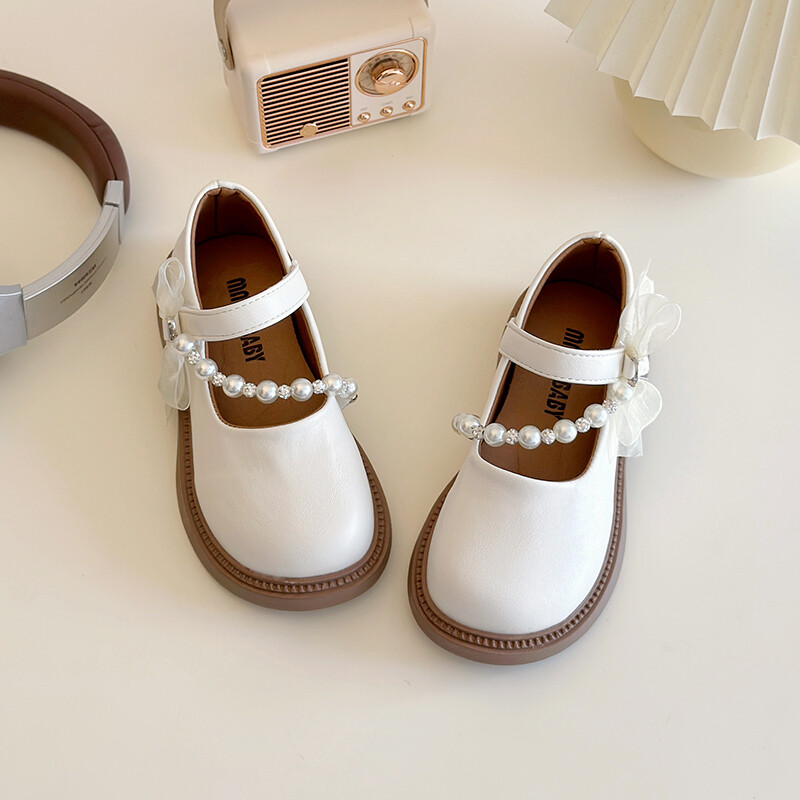 Kožne cipele za djevojčice Vrpca s bisernim lancem Jednobojna Elegantna dječja Mary Janes na kuku Prekrasna proljetna crna bež dječja cipela
