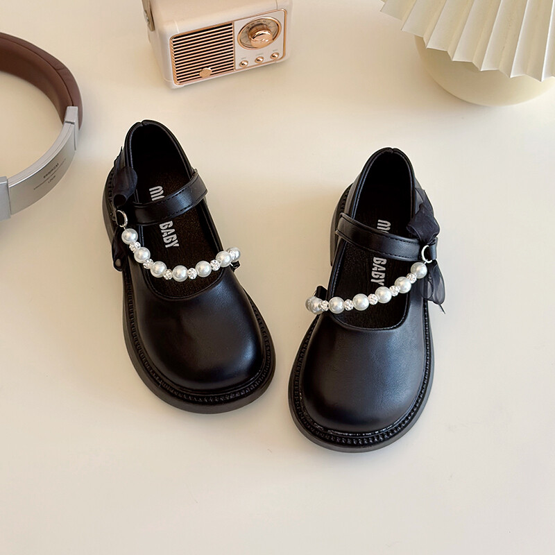 Kožne cipele za djevojčice Vrpca s bisernim lancem Jednobojna Elegantna dječja Mary Janes na kuku Prekrasna proljetna crna bež dječja cipela
