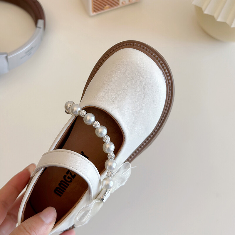 Kožne cipele za djevojčice Vrpca s bisernim lancem Jednobojna Elegantna dječja Mary Janes na kuku Prekrasna proljetna crna bež dječja cipela