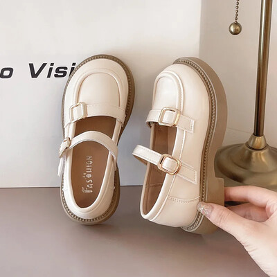 Bērnu ādas apavi vienkrāsaini, melni, melni apavi meiteņu skolai, daudzpusīgi bērnu modes formas tērpi plakani apavi ar mīkstu apakšu