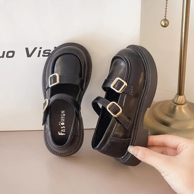 Bērnu ādas apavi vienkrāsaini, melni, melni apavi meiteņu skolai, daudzpusīgi bērnu modes formas tērpi plakani apavi ar mīkstu apakšu