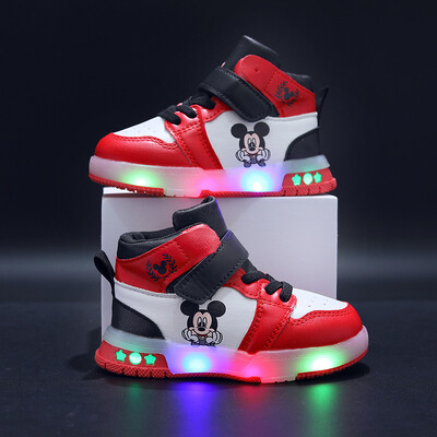 Disneja meiteņu kausla apavi PU ādas Mickey Mouse LED luminiscējošas bērnu kedas 1–6 gadus veciem zēniem ikdienas sporta apavi