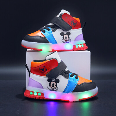 Disneja meiteņu kausla apavi PU ādas Mickey Mouse LED luminiscējošas bērnu kedas 1–6 gadus veciem zēniem ikdienas sporta apavi