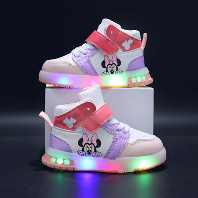 Disneja meiteņu kausla apavi PU ādas Mickey Mouse LED luminiscējošas bērnu kedas 1–6 gadus veciem zēniem ikdienas sporta apavi