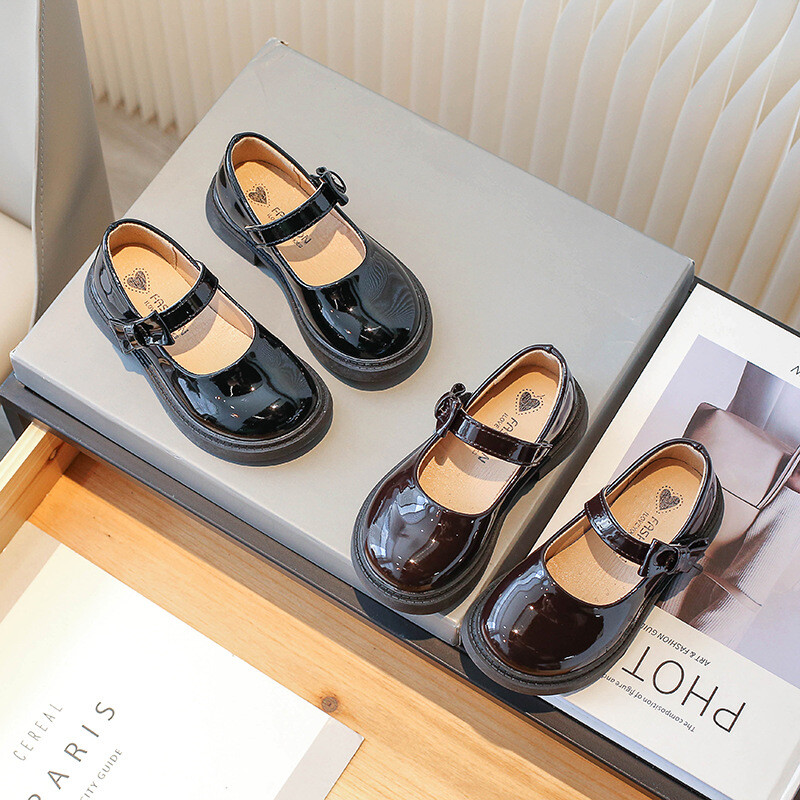 Παιδικά δερμάτινα παπούτσια Γυαλιστερά μαύρα σχολικά παπούτσια για κορίτσια στο πλάι Bowknot βρετανικού στυλ Παιδικά φορέματα πριγκίπισσας casual παπούτσια