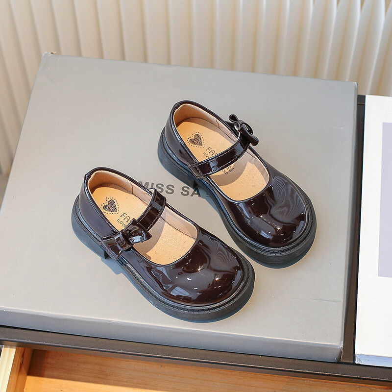 Παιδικά δερμάτινα παπούτσια Γυαλιστερά μαύρα σχολικά παπούτσια για κορίτσια στο πλάι Bowknot βρετανικού στυλ Παιδικά φορέματα πριγκίπισσας casual παπούτσια