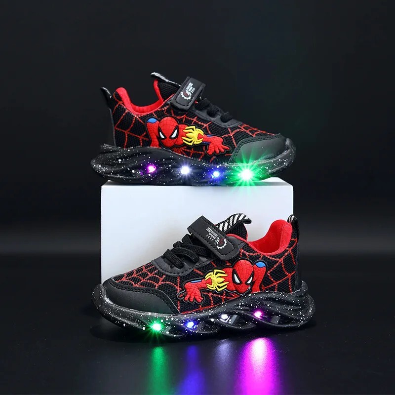 Disney LED Casual Sneakers Red Black For Spring Boys Spiderman Mesh Outdoor Shoes Παιδικά φωτισμένα Αντιολισθητικά Παπούτσια Μέγεθος 21-30