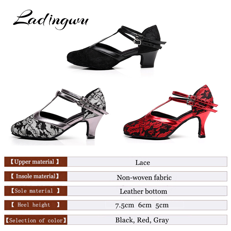 Ladingwu Γυναικεία Λατινικά Παπούτσια Χορού Δαντέλα Salsa Παπούτσια χορού βαλς Κόκκινα Γκρι Μαύρα Παπούτσια Αίθουσα χορού Γυναικεία Τακούνι 5/6/7,5 εκ.