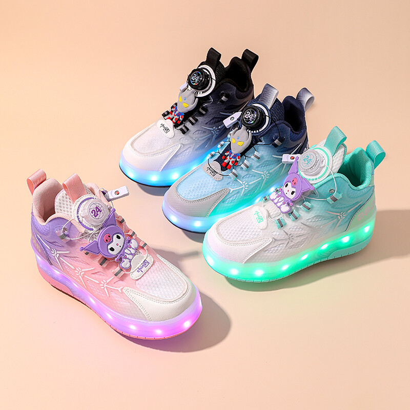 2024 Új villanófény cipő Divat aranyos fiú sport lány cipő forgatható gomb lélegző hálós felület fényes korcsolya