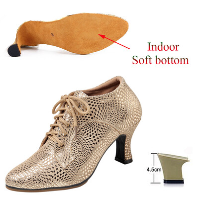Latīņu deju apavi Sieviešu salsas tango balles ballītes deju apavi Ādas zelta meiteņu augstpapēžu kurpes ar slēgtu purngalu Džeza kedas